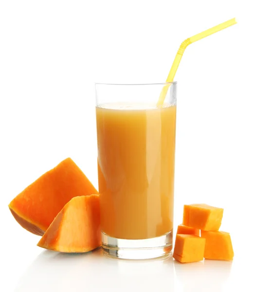Glass of tasty pumpkin juice and pumpkin, isolated on white — Stock Photo, Image