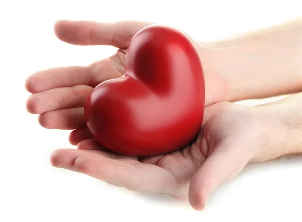 Red heart in man hands, isolated on white — Stock Photo, Image