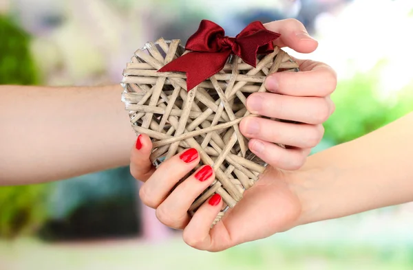 Coeur rouge dans les mains des femmes et des hommes, sur fond vert — Photo