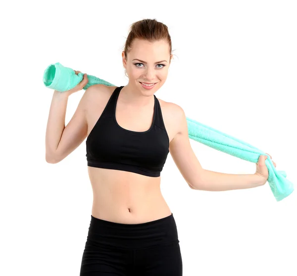 Young woman with towel after workout isolated on white — Stock Photo, Image