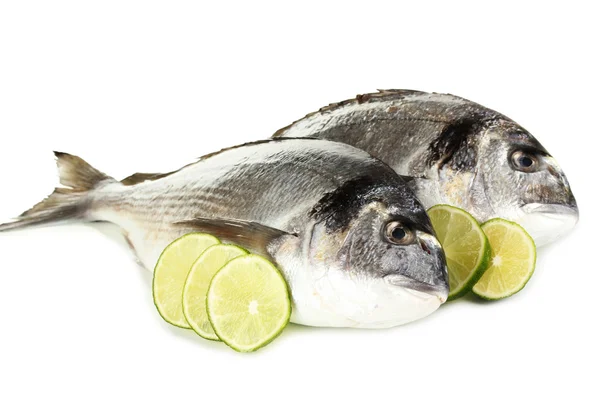 Dois peixes dorado com limão isolado em branco — Fotografia de Stock