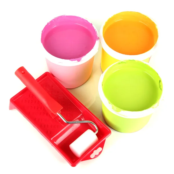 Set for painting: paint pots, paint-roller isolated on white — Stock Photo, Image