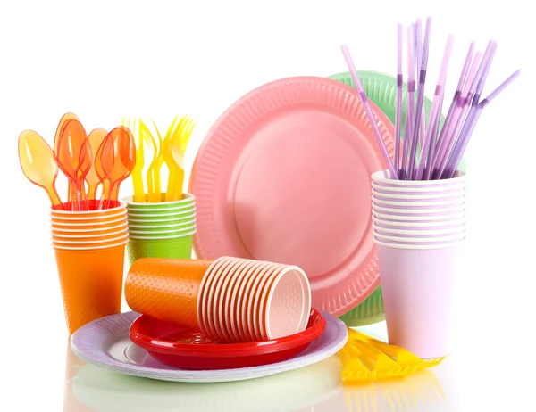 Multicolored plastic tableware isolated on white — Stock Photo, Image