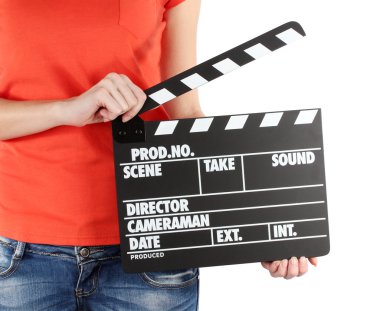 Film üretim clapper tahta üzerinde beyaz izole ellerinde