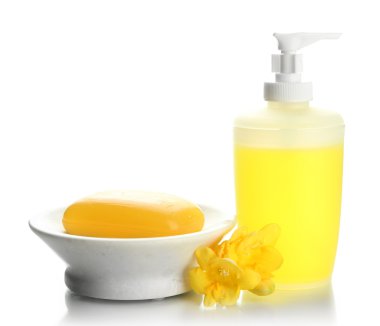 şişe ve Sabunluk ile üzerine beyaz izole sabun