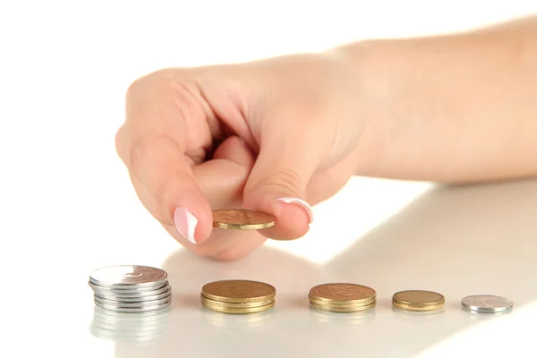 Mano de mujer con monedas, de cerca — Foto de Stock