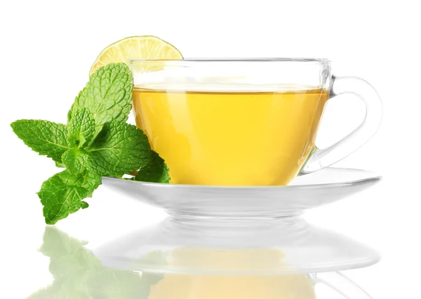 Cup of tea with mint and lime isolated on white — Stock Photo, Image