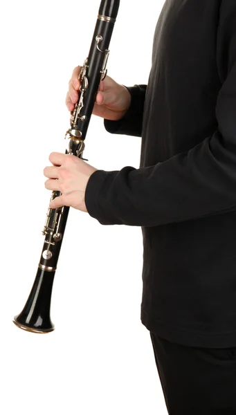 Musicista che suona su clarinetto isolato su bianco — Foto Stock