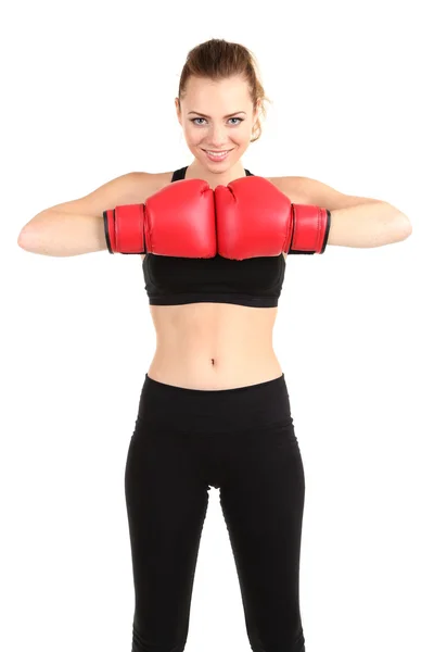 Jonge mooie vrouw met bokshandschoenen aan training geïsoleerd op wit — Stockfoto