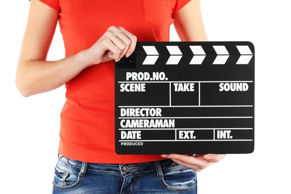 Film productie klepel board in handen geïsoleerd op wit — Stockfoto