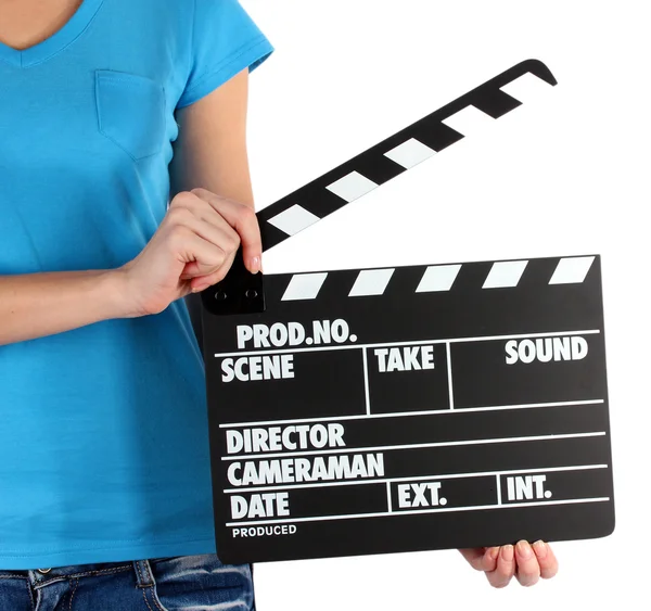 Film üretim clapper tahta üzerinde beyaz izole ellerinde — Stok fotoğraf