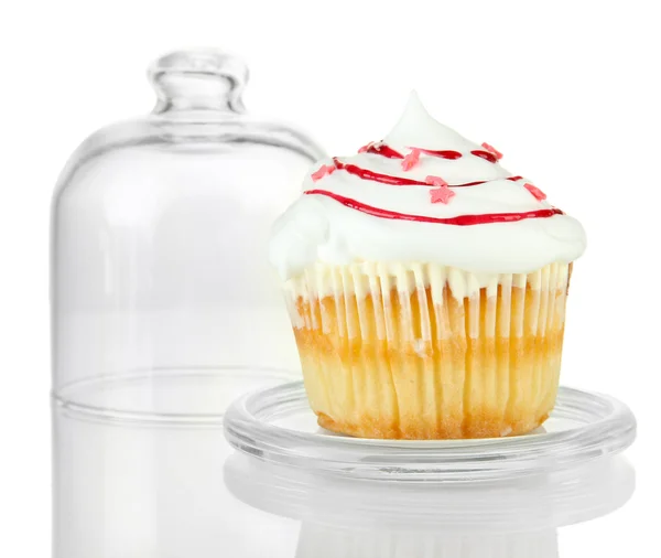 Cupcake on glass saucer, isolated on white — Stock Photo, Image
