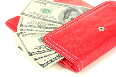 çanta üzerinde beyaz izole yüz dolarlık banknot ile
