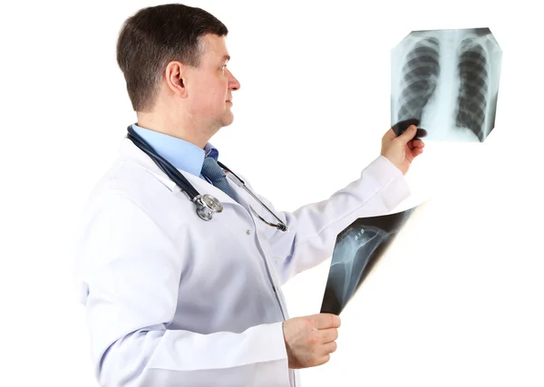 Medical doctor analysing x-ray image isolated on white — Stock Photo, Image