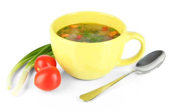 Fragrant soup in cup isolated on white — Stock Photo, Image