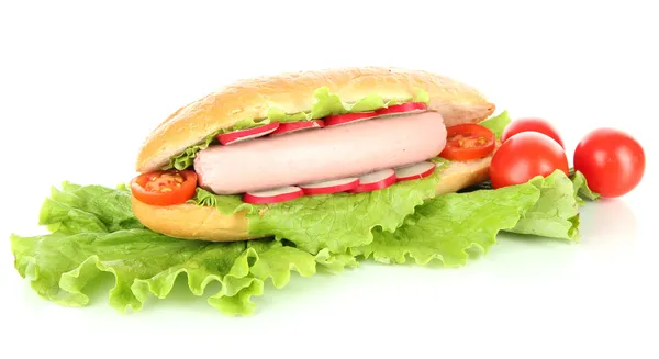 Tasty hot dog with vegetables isolated on white — Stock Photo, Image