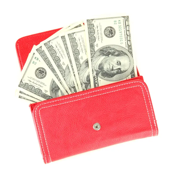 Çanta üzerinde beyaz izole yüz dolarlık banknot ile — Stok fotoğraf