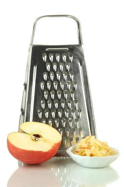 Grattugia in metallo e mela, isolata su bianco — Foto Stock