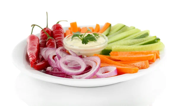 Assorted raw vegetables sticks in plate isolated on white — Stock Photo, Image