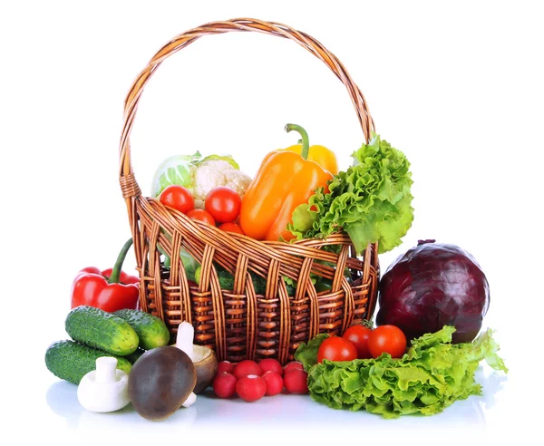 Fresh vegetables in wicker basket isolated on white — Stock Photo, Image