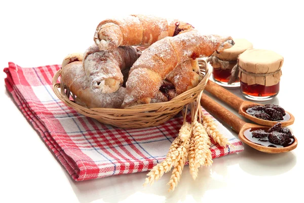 Taste croissants in basket and jam isolated on whit — Stock Photo, Image
