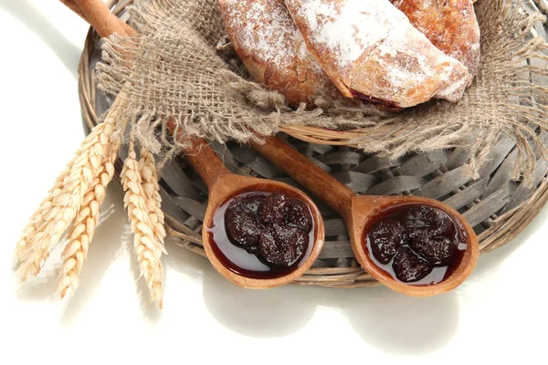 Taste croissants in basket and jam isolated on whit — Stock Photo, Image