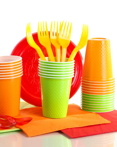 Multicolored plastic tableware isolated on white — Stock Photo, Image