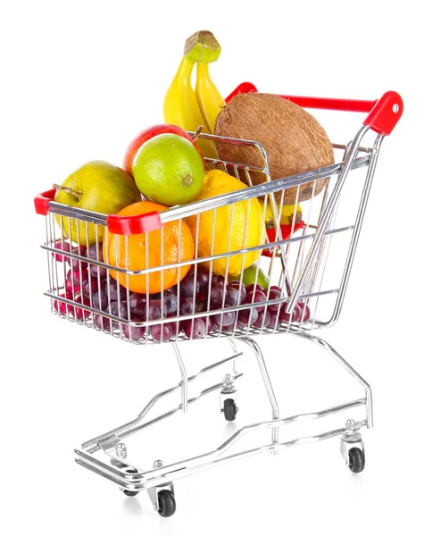 Verschiedene Früchte im Einkaufswagen isoliert auf weiß — Stockfoto