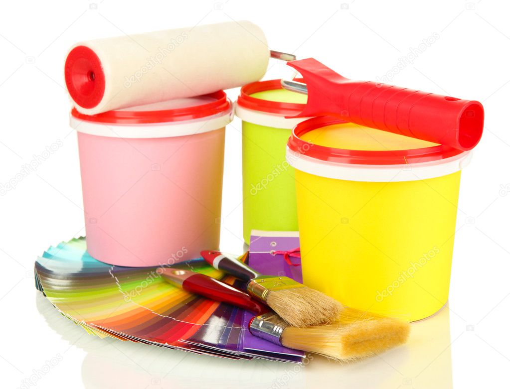 Set for painting: paint pots, brushes, paint-roller, palette of colors isolated on white