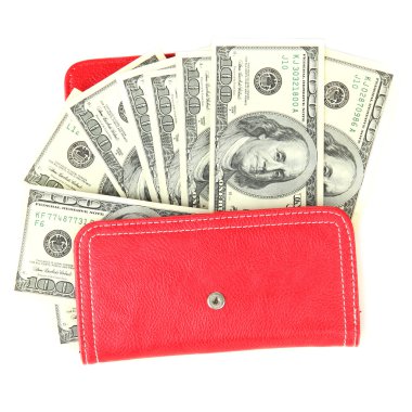 çanta üzerinde beyaz izole yüz dolarlık banknot ile