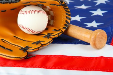 beysbol eldiveni, yarasa ve Amerikan bayrağı arka plan üzerinde topu