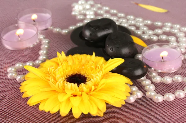 Pietre termali con fiore e candele in acqua sul piatto — Foto Stock