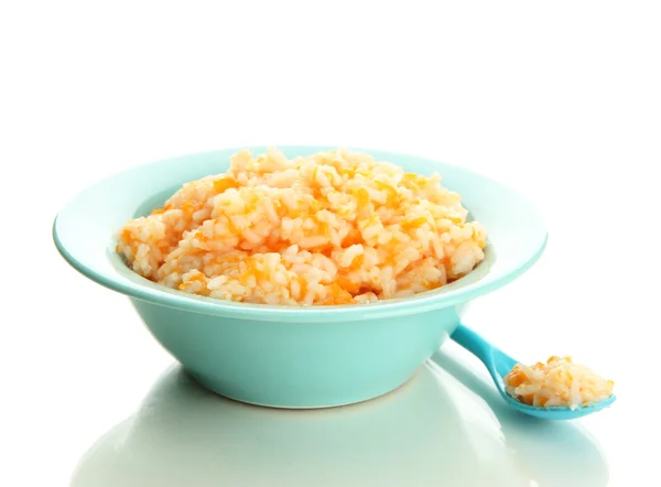 Prove mingau de arroz com abóbora em tigela azul, isolado no whit — Fotografia de Stock