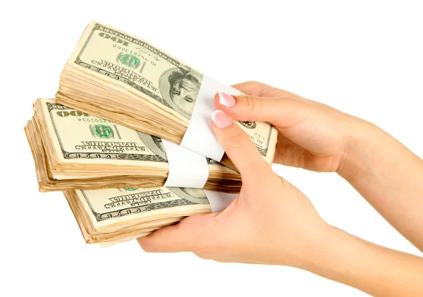 Weibliche Hand mit Dollars, Nahaufnahme, isoliert auf weiß — Stockfoto