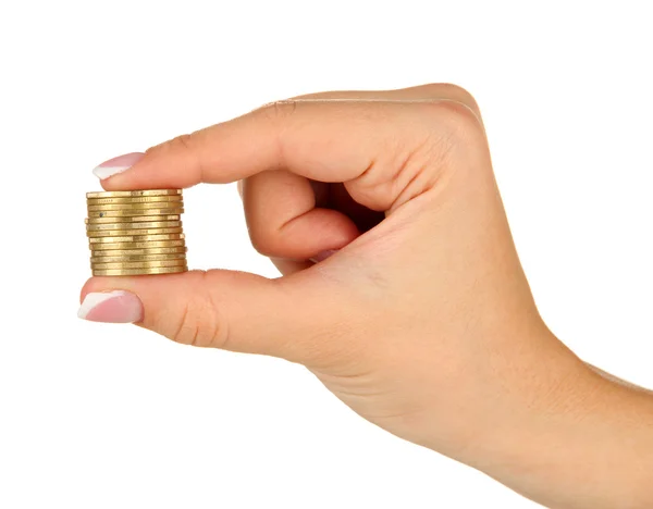 Žena ruce s mincí izolovaných na Svatodušní — Stock fotografie