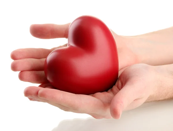 Red heart in man hands, isolated on white — Stock Photo, Image