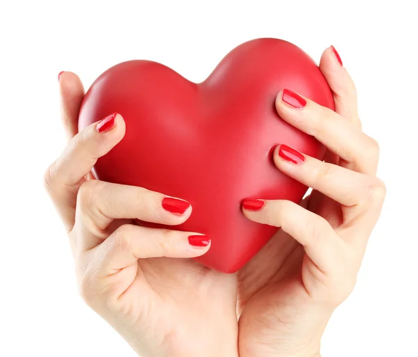 Coeur rouge dans les mains de la femme, isolé sur blanc — Photo