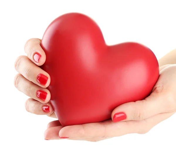 Red heart in woman hands, isolated on white — Stock Photo, Image