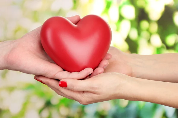 Red heart in woman and man hands, on green background — Stock Photo, Image