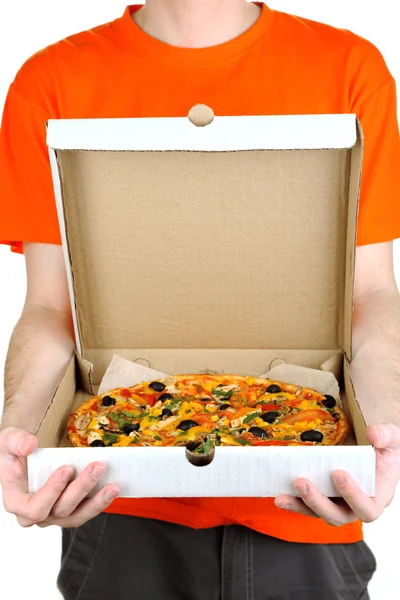 Pizza levering courier geïsoleerd op wit — Stockfoto