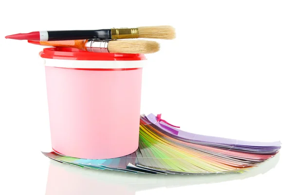 Maceta de pintura, pinceles y muestras de colores aislados en blanco — Foto de Stock