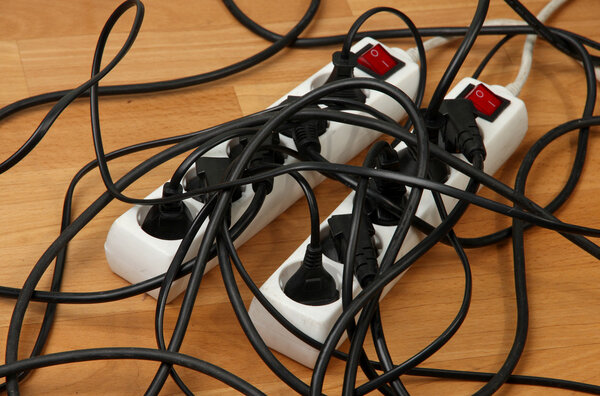 Overloaded power boards, close up