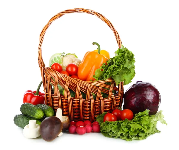 Fresh vegetables in wicker basket isolated on white — Stock Photo, Image