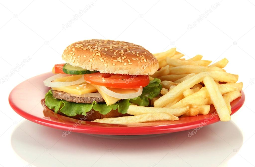 Tasty cheeseburger with fried potatoes, isolated on white