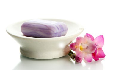 sabun ve üzerinde beyaz izole çiçek Sabunluk