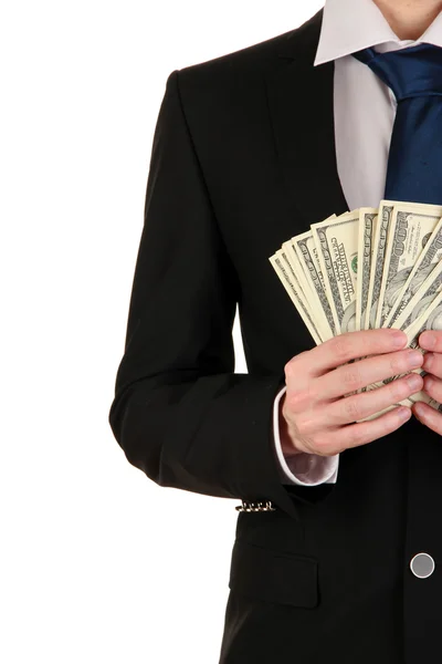 Business man holds lot of money isolated on white — Stock Photo, Image