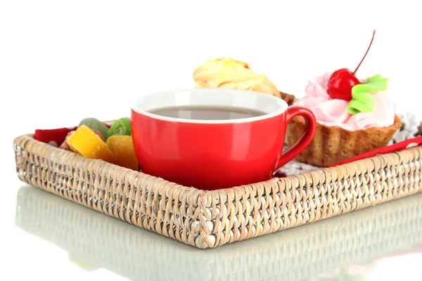 Cup of tea with cakes on wooden tray isolated on white — Stock Photo, Image