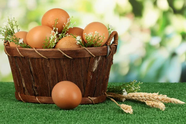 Huevos en canasta sobre hierba sobre fondo natural —  Fotos de Stock