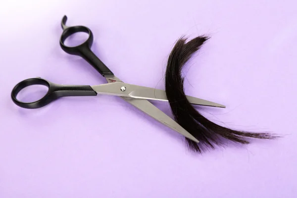 Trozos de cabello cortado con tijeras sobre fondo morado — Foto de Stock