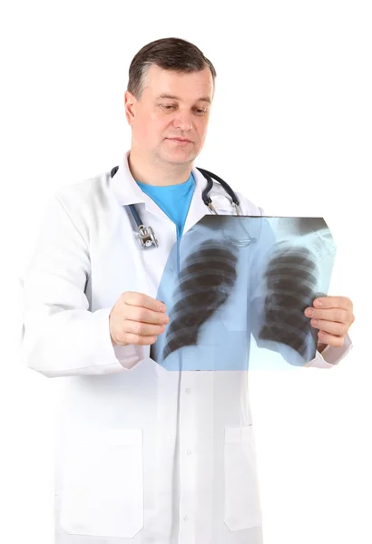 Medical doctor analysing x-ray image isolated on white — Stock Photo, Image